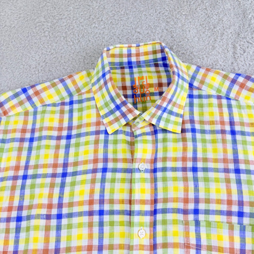 J. McLaughlin Gingham Linen Button Down Shirt Mens M Multi Color Plaid Casual